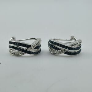 Criss Cross Hoop Earrings Blue White Crystals Rhodium Bronze French Clips